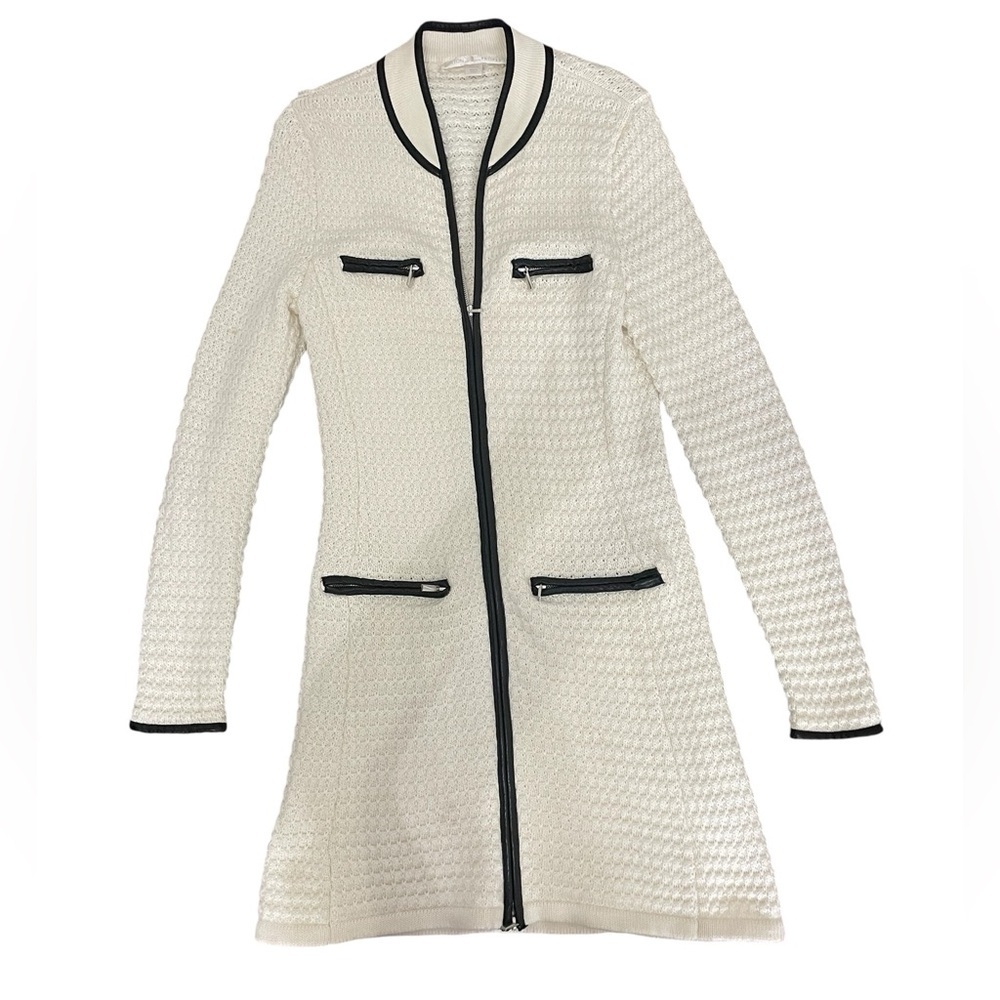 Boston Proper Cream Sweater Cardigan with Faux Leather Black Trim